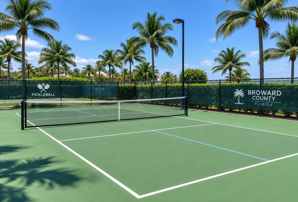 An outdoor pickleball court in Broward County among palm trees