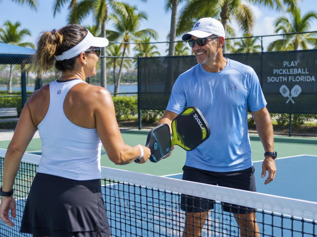 Two pickleball players meeting at the net on a South Florida outdoor court in daylight