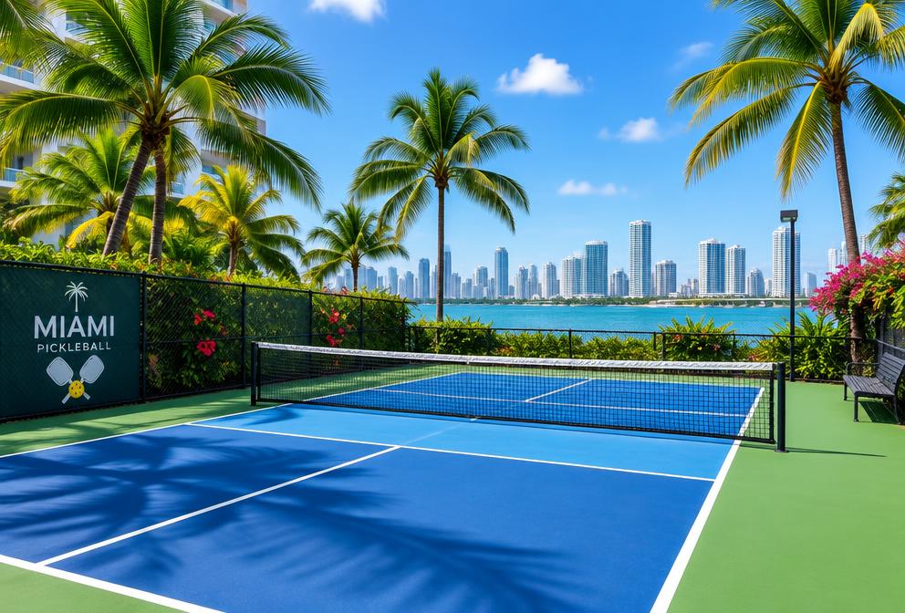 An outdoor pickleball court in Miami with the skyline across the water