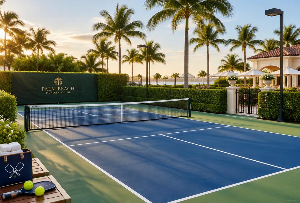 An outdoor pickleball court at a Palm Beach club in golden light