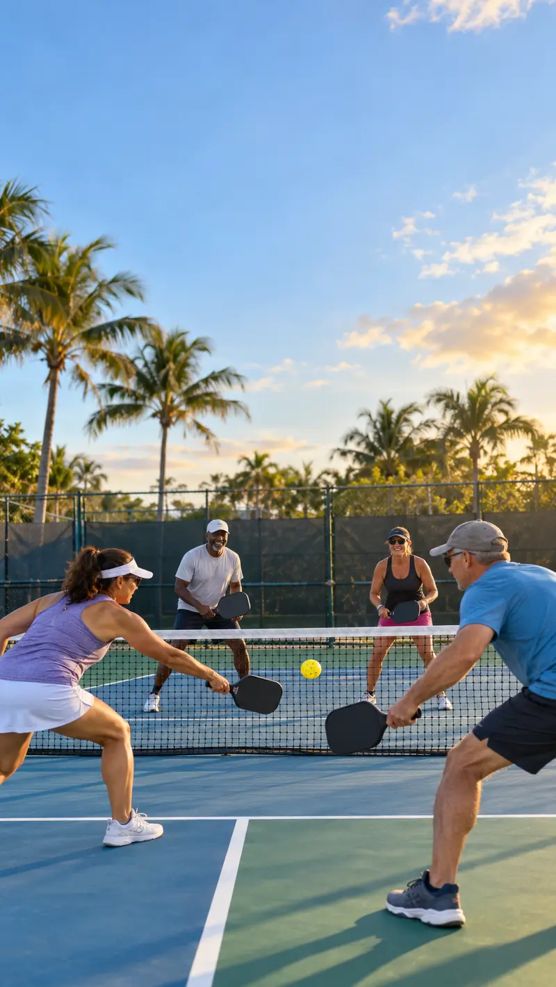 Four adults playing doubles pickleball at the net on an outdoor court
