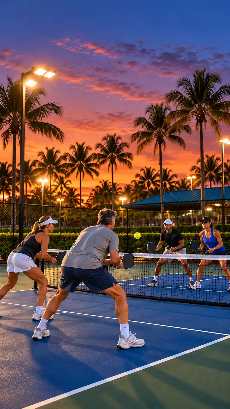 Adults playing doubles pickleball on an outdoor court under evening lights